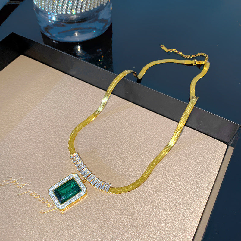 Vintage Geometric Square Plated Titanium Steel Snake Chain Necklace with Cubic Zirconia