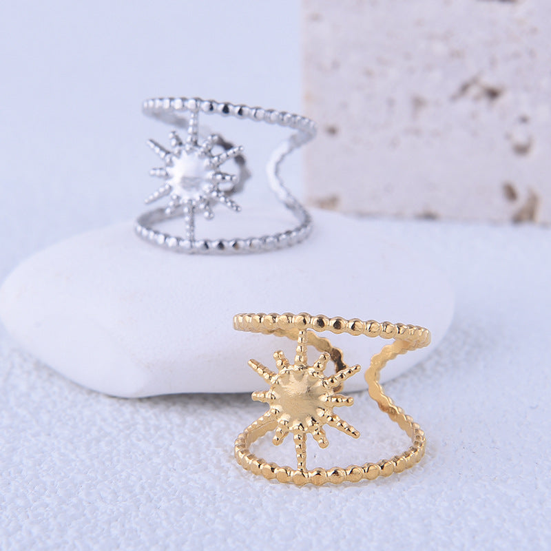 Anillo abierto ajustable de acero de titanio con forma geométrica de sol vintage para mujer con acabado chapado