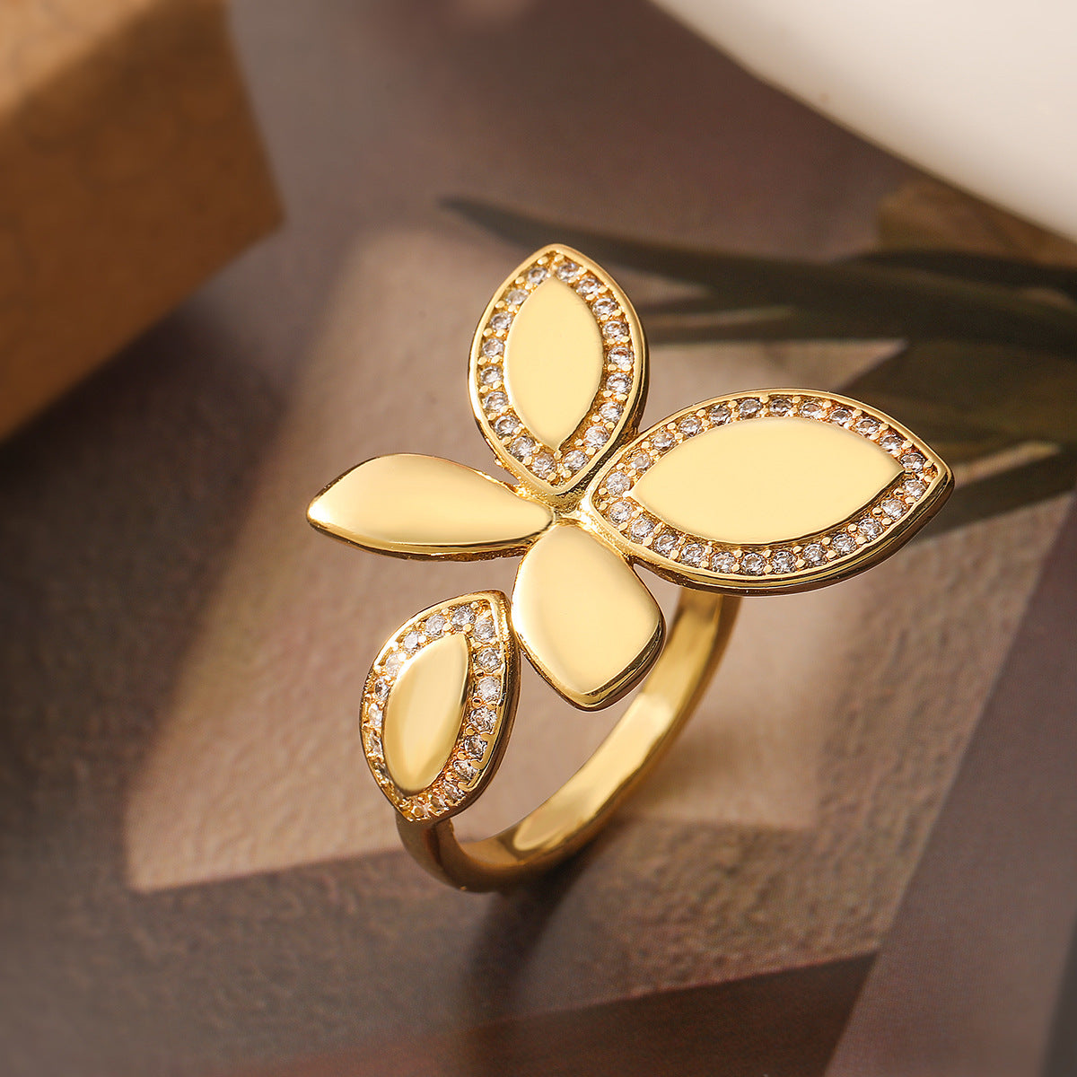 Minimalist Geometric Open Ring for Women in Copper with 18K Gold Plating and Micro-Pave Detailing