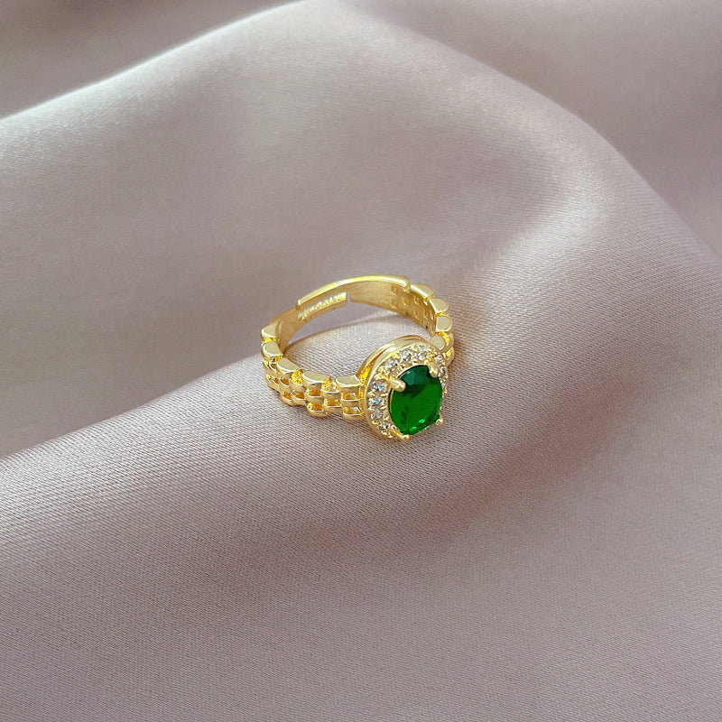 Anello regolabile in ottone con smeraldo a forma di corona "Kawaii Fresh and Sweet" da donna