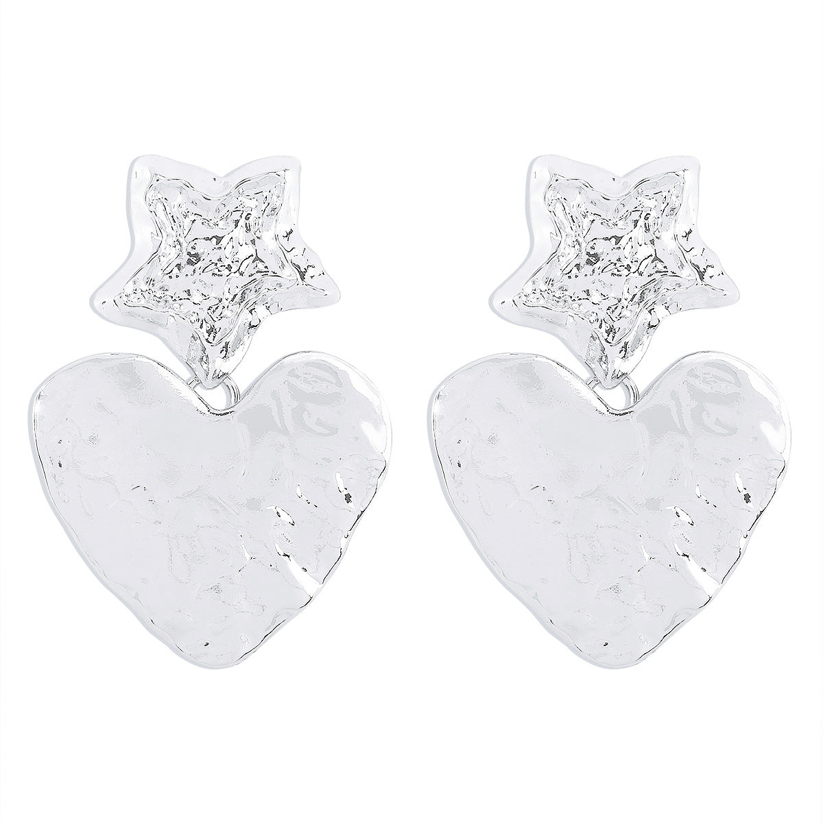 Pendientes de Aleación Geométrica en Forma de Corazón Retro con Motivo de Estrella y Superficie Irregular de Papel de Aluminio, Joyería de Oreja Electrochapada de Inspiración Punk para Mujer