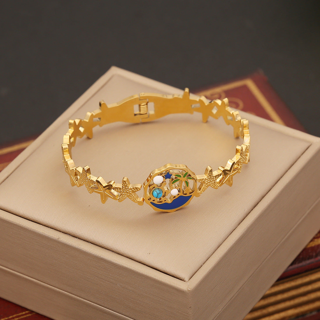 Vintage Enamel Heart and Butterfly Stainless Steel Bracelet with Floral and Palm Tree Pattern