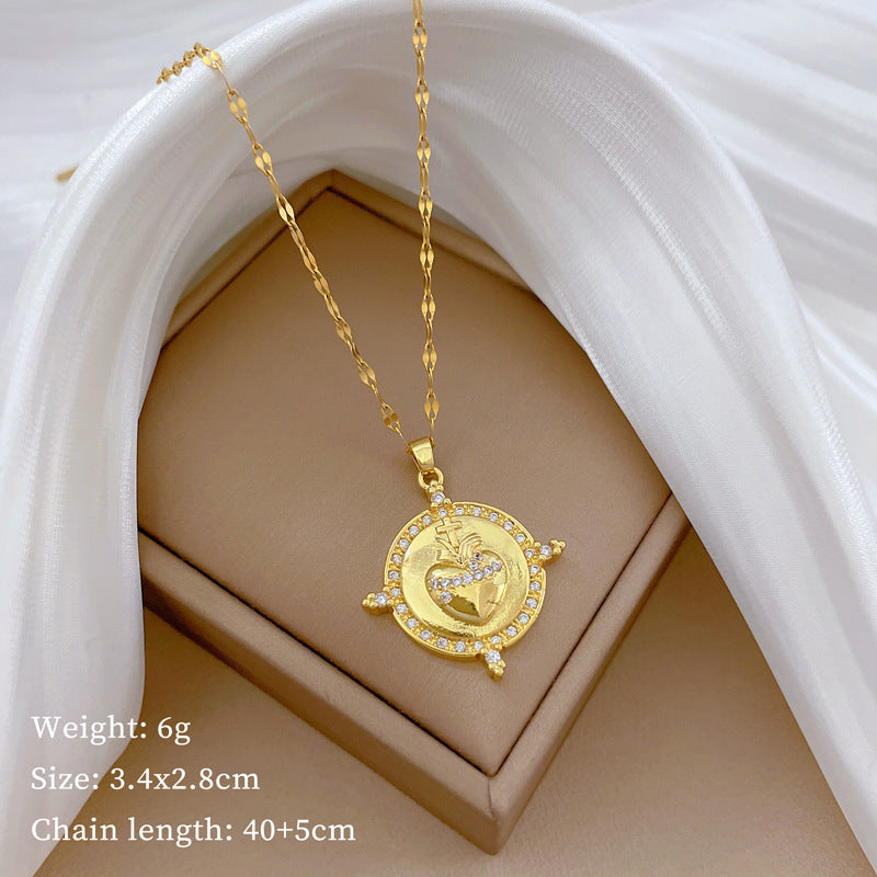 Collana di lusso in acciaio al titanio con cuore geometrico, strass e catena a labbra per donne e uomini