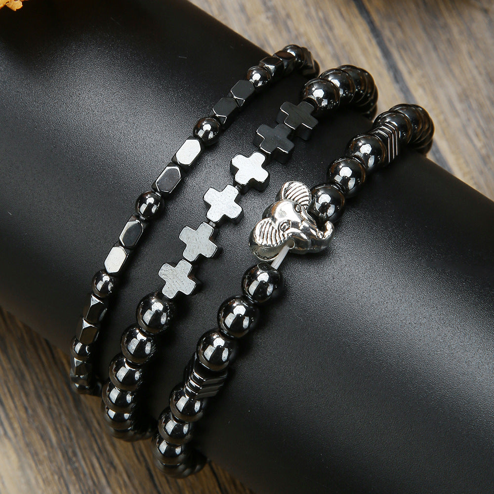 Men's Multi-Layer Matte Hematite Lava Stone Wood Bead Bracelet Set Geometric Round Elastic Band
