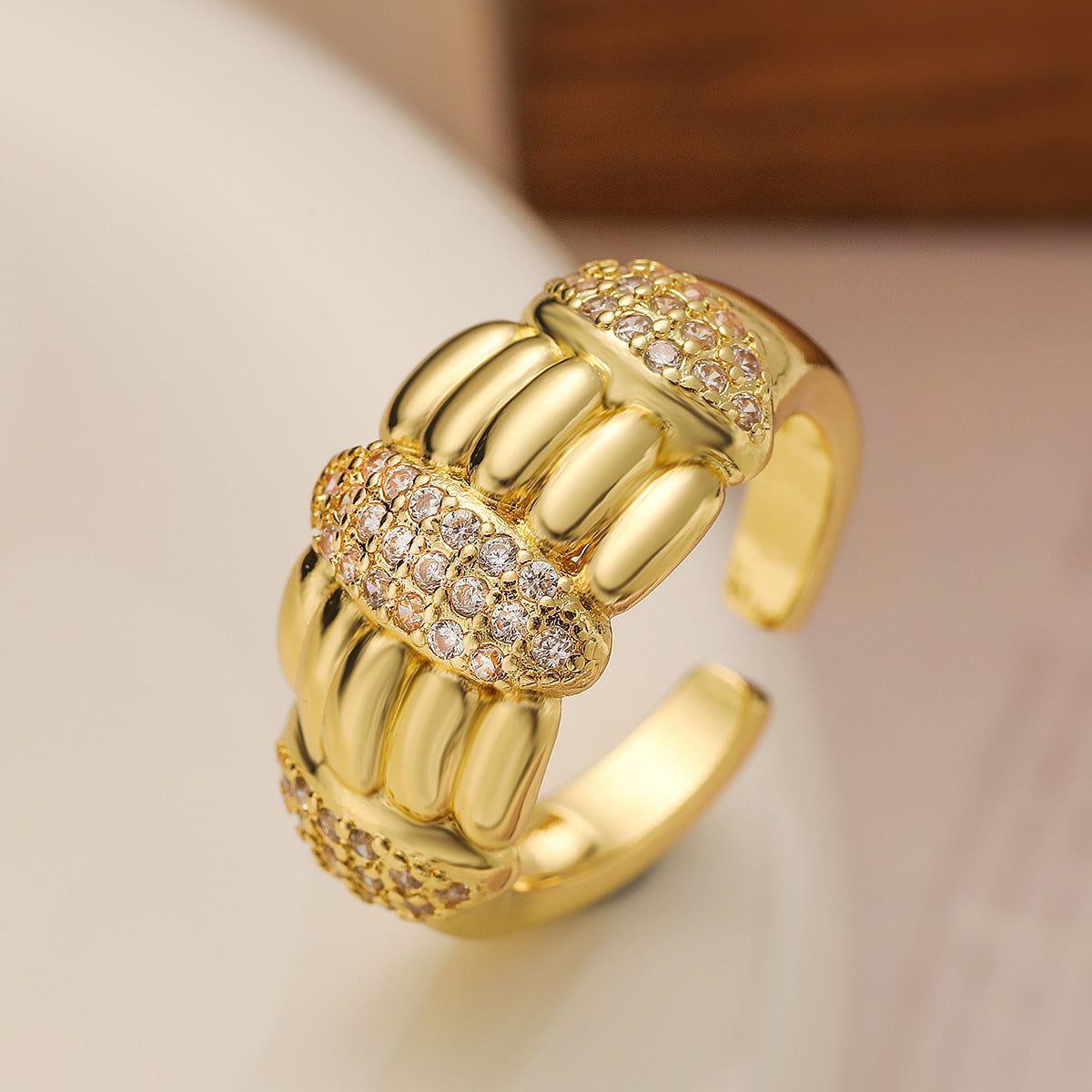 Minimalist Elegant 18K Gold Plated Brass Geometric Micro-Inlaid Cubic Zirconia Open Ring for Women