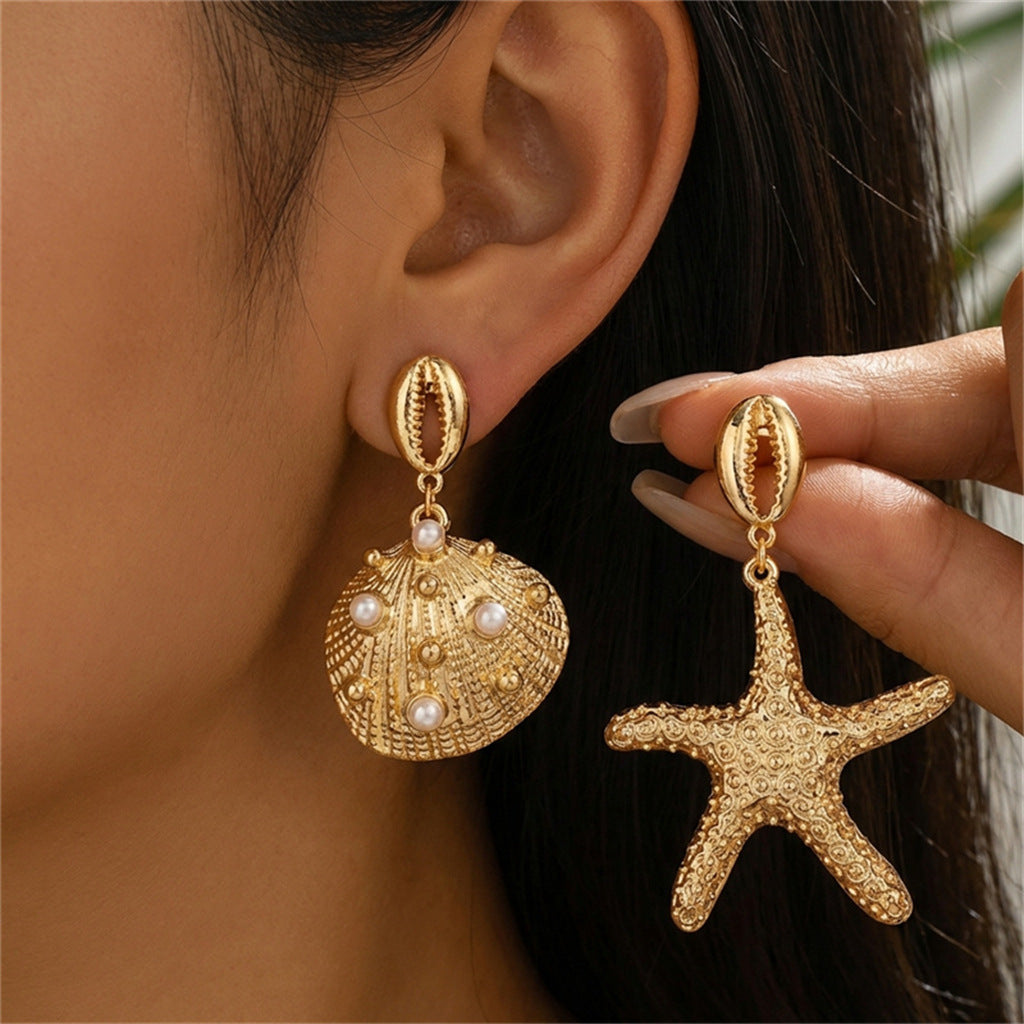 Vintage Geometric Starfish Shell Conch Pattern Plated Alloy Earrings for Women