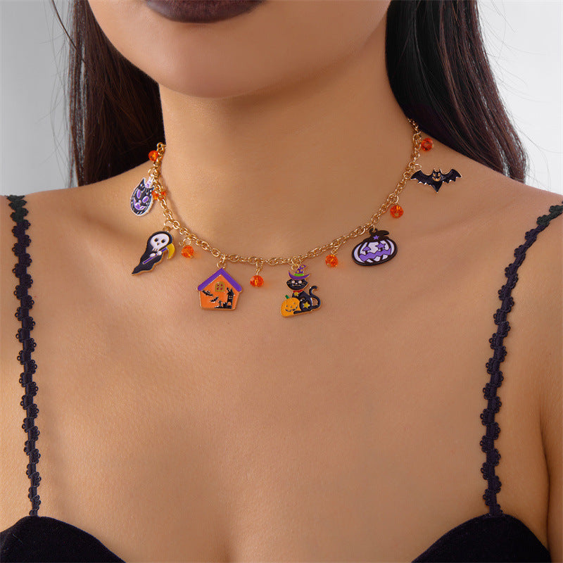 Collar con colgante de calavera de calabaza de Halloween dulce y atrevido de aleación con acabado galvanizado, unisex