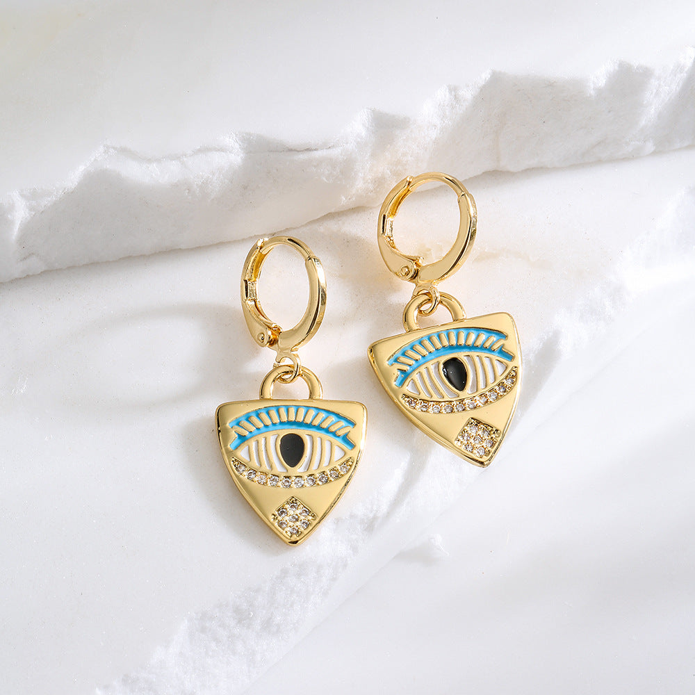 Orecchini geometrici minimalisti in rame placcati in oro 18 carati con dettaglio smaltato a forma di occhio da donna