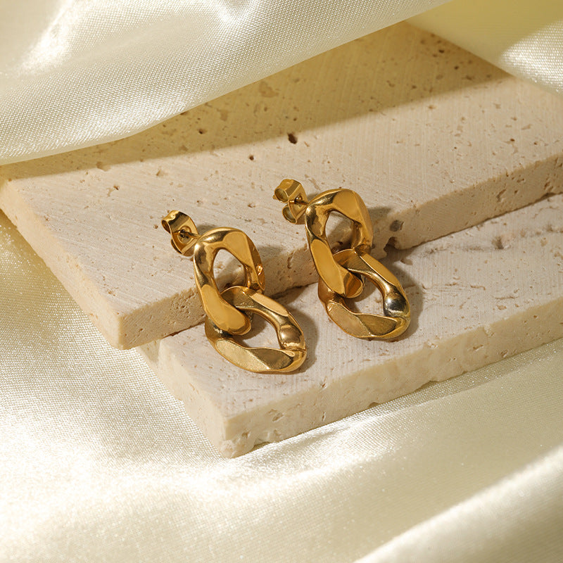 Irregular Geometric Shape 18K Gold-Plated Titanium Steel Earrings for Women with U-Shaped Design and Chain Detail