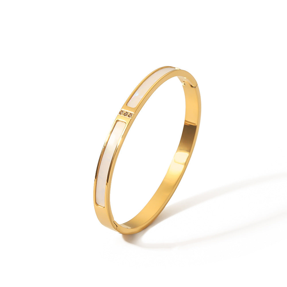Minimalist Titanium Steel Bracelet with White Abalone Inlay and Rhinestone Accents, 18K Gold Plated for Fade-Resistant Finish
