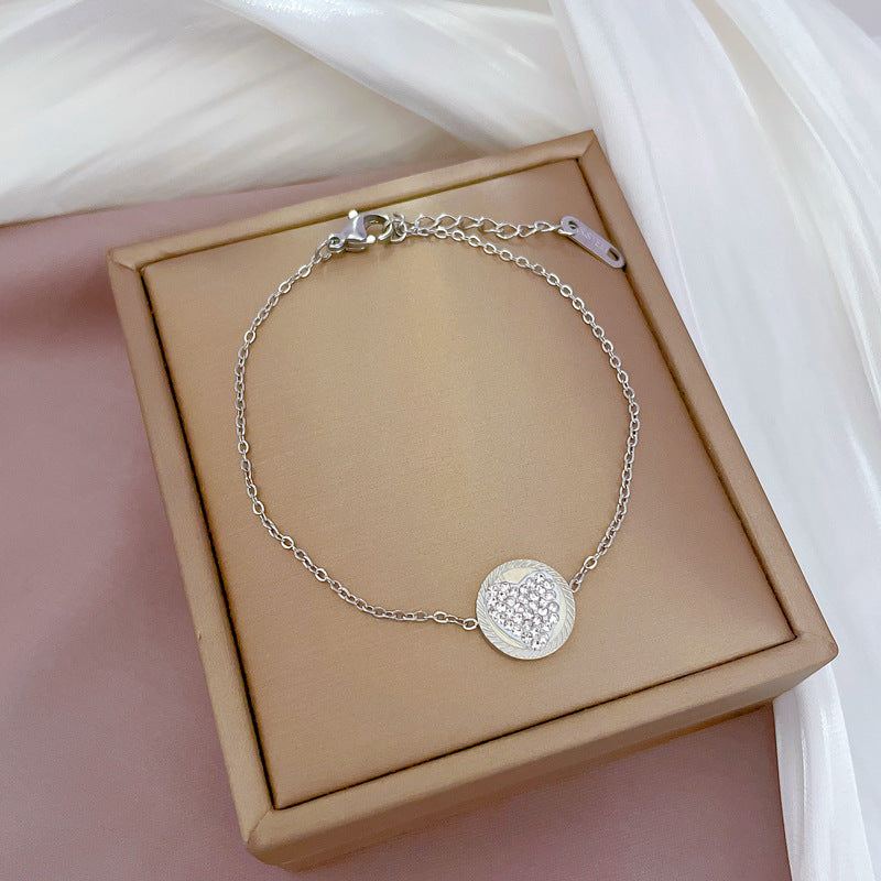Minimalist Geometric Heart Pendant Necklace Set in Titanium Steel with Rhinestone Inlay and Gold Plating for Women