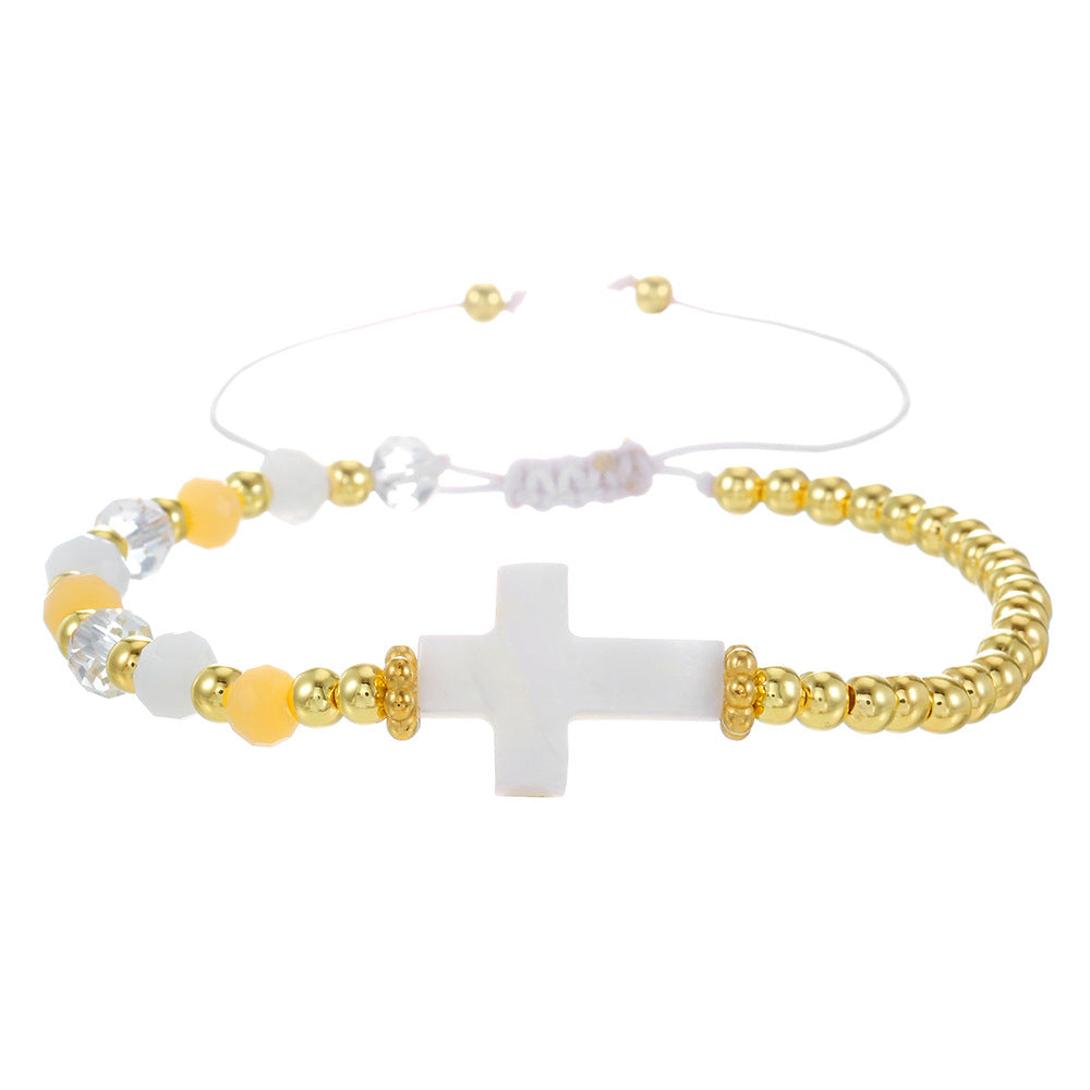 Bracciale regolabile stile bohémien con conchiglia e ciondoli a croce, perline di cristallo e vetro, design fatto a mano per donne