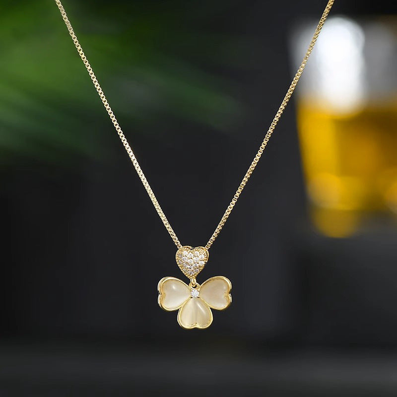Gold Plated Micro-set Cubic Zirconia Cat's Eye Heart Titanium Steel Collarbone Necklace