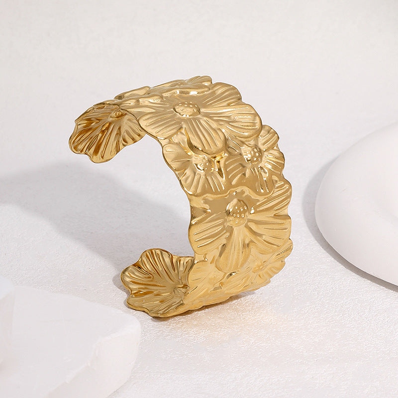 Minimalist 18K Gold Plated Stainless Steel Wide Open Cuff Bracelet with Floral Design for Women