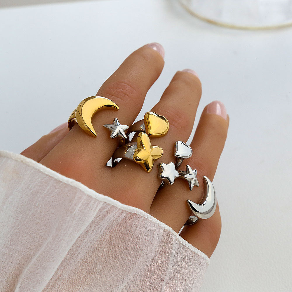 Anello Aperto Regolabile a Stella e Luna Geometrico Minimalista con Finitura Placcata in Acciaio Inossidabile 304 per Unisex