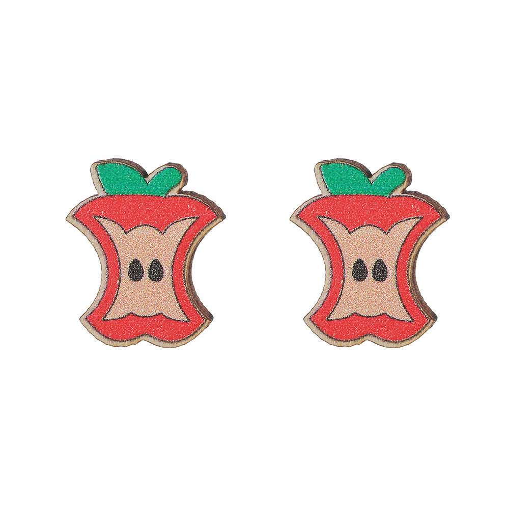 Sweet Cartoon Wood Geometric Apple Carrot Stud Earrings for Kids