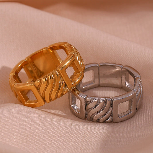 Vintage Geometric Stainless Steel Plated 18K Gold Square Ring for Women