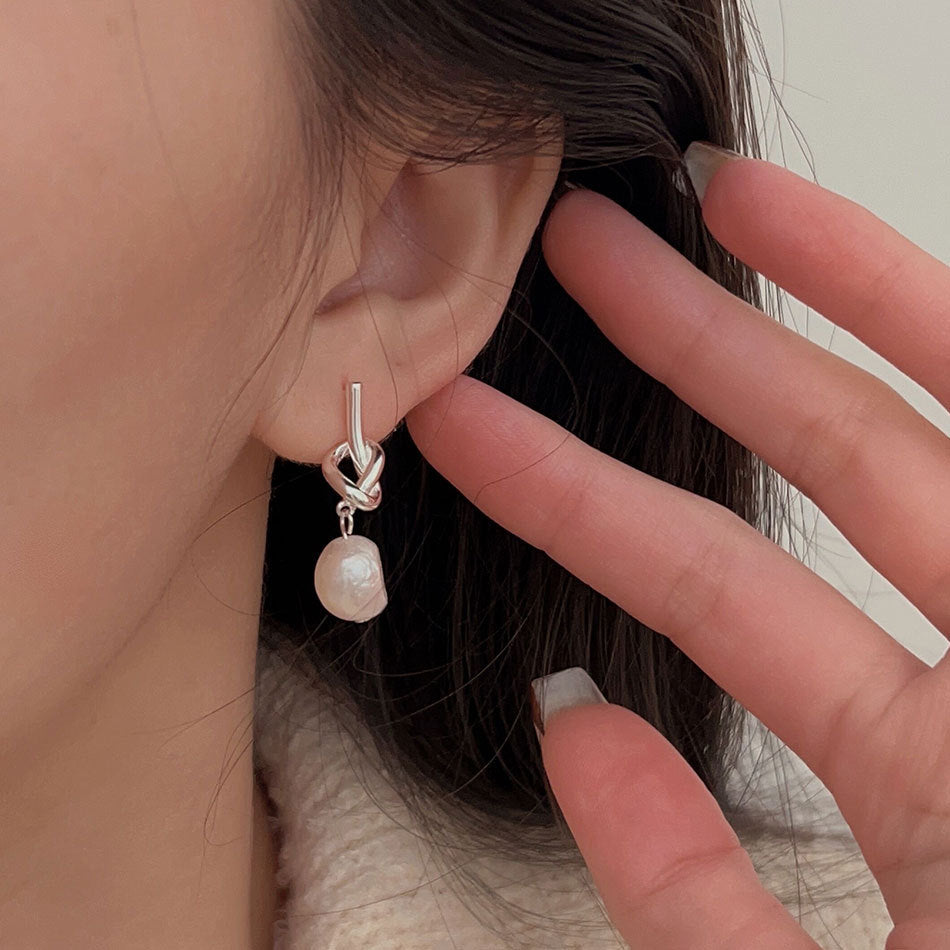 Minimalist Korean-Style 925 Sterling Silver Knot Pearl Stud Earrings with Geometric Beveled Cubic Accent