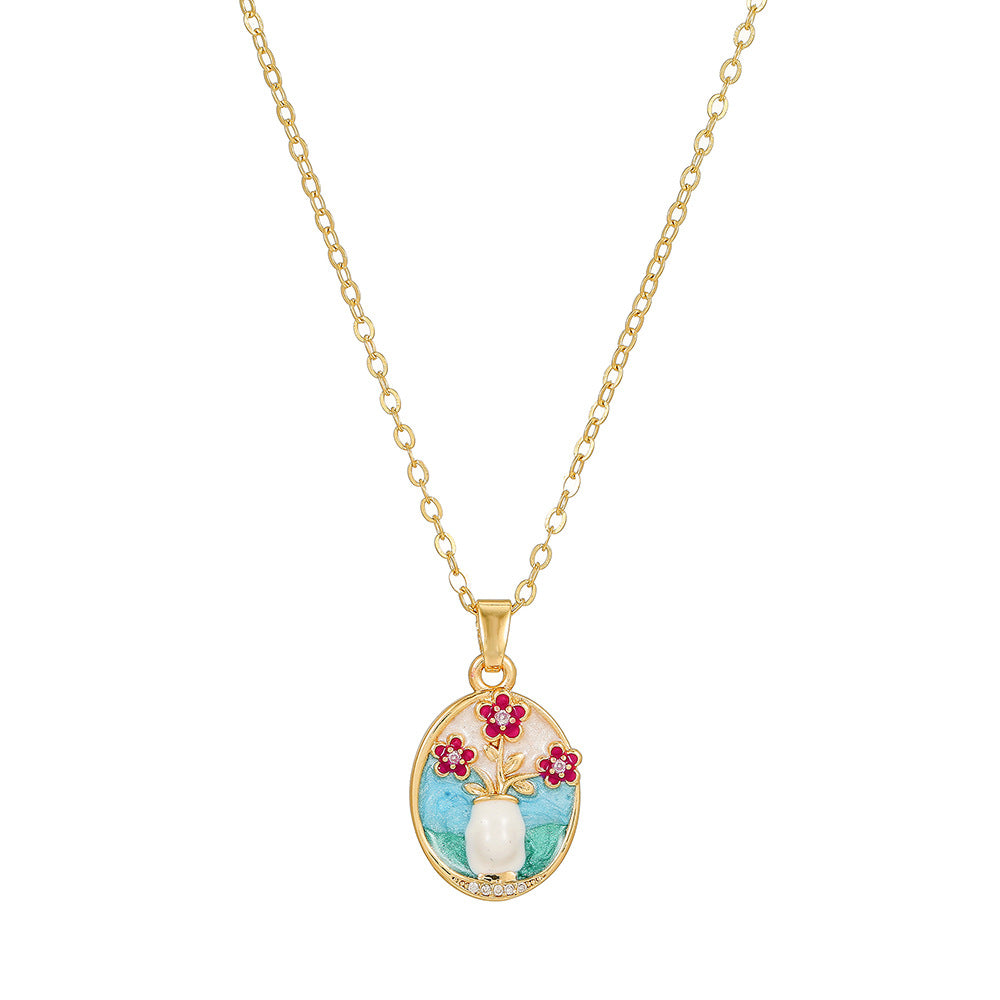 Elegant Drip Oil Floral Brass Gold Plated Necklace with Cubic Zirconia Inlay Cable Chain