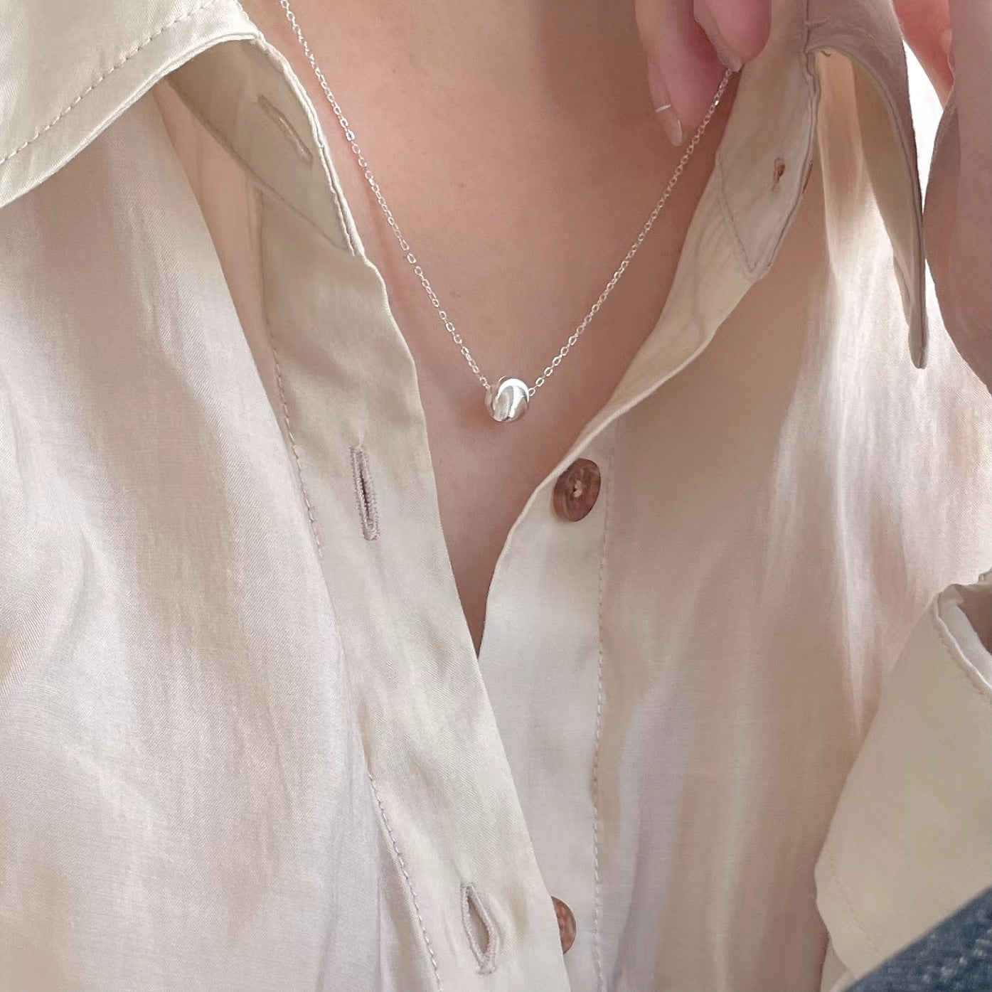 Minimalist Round Bead Necklace in 925 Sterling Silver with Electroplated Finish on Waxed Cotton Cord