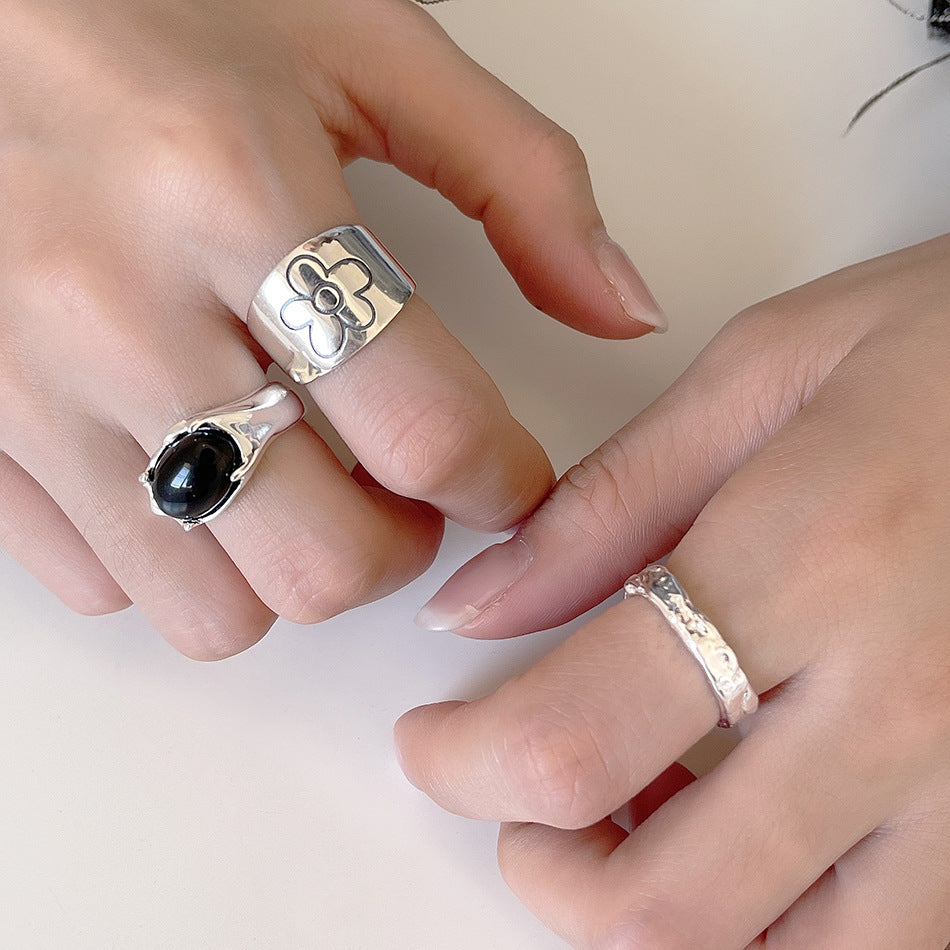 Anello floreale minimalista in argento sterling 925 con intarsio in agata nera, gioielli da donna regolabili