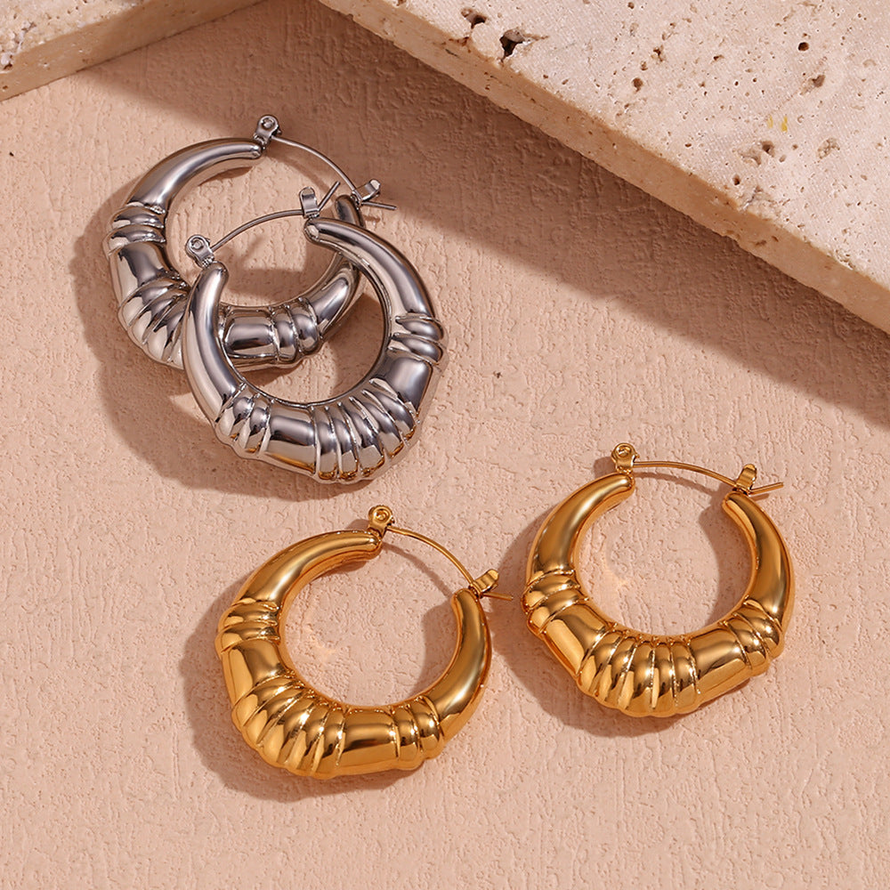 Vintage-Inspired Geometric Stainless Steel Hoop Earrings with 18K Gold Plating for Women