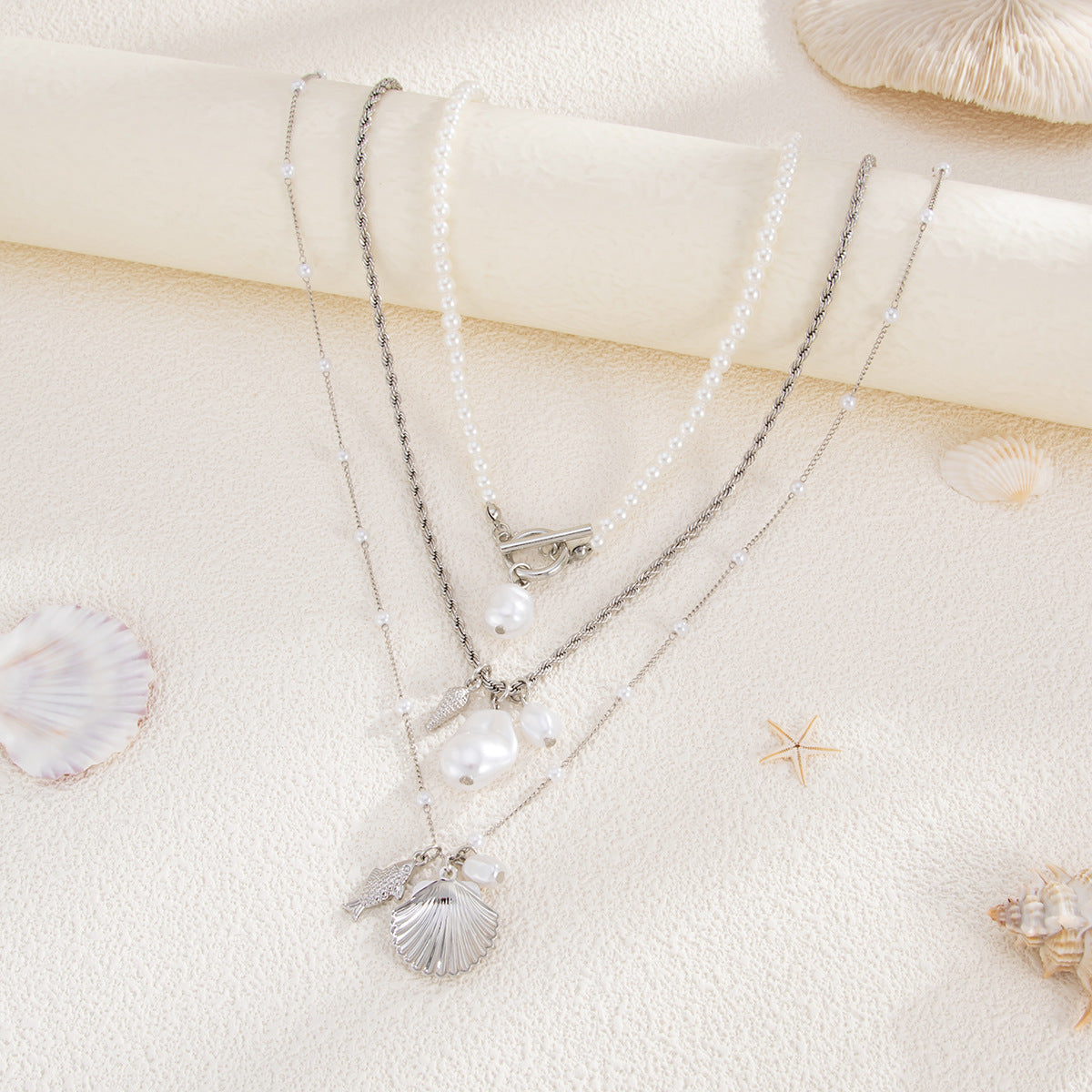Vintage Multi-Layer Alloy Fish Shell Pearl Plated Necklace for Women