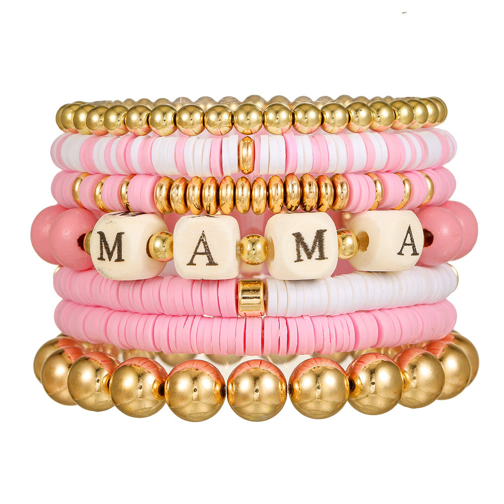 Bohemian Wood Bead and Resin Letter Bracelet Set