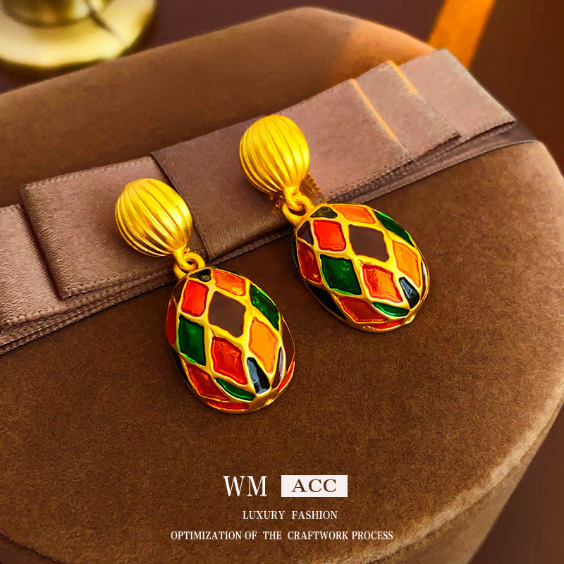 Vintage-Style Geometric Enamel Oval Earrings in Alloy for Women with Retro Artistic Appeal