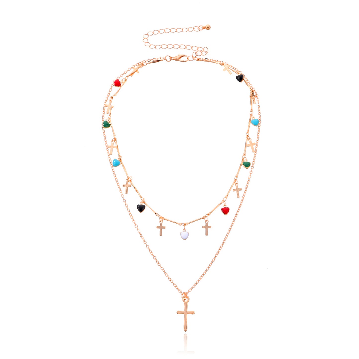 Minimalist Cross Heart Geometric Alloy Necklace with Colorful Rhinestone Enamel Drop, Plated Regular Chain for Women