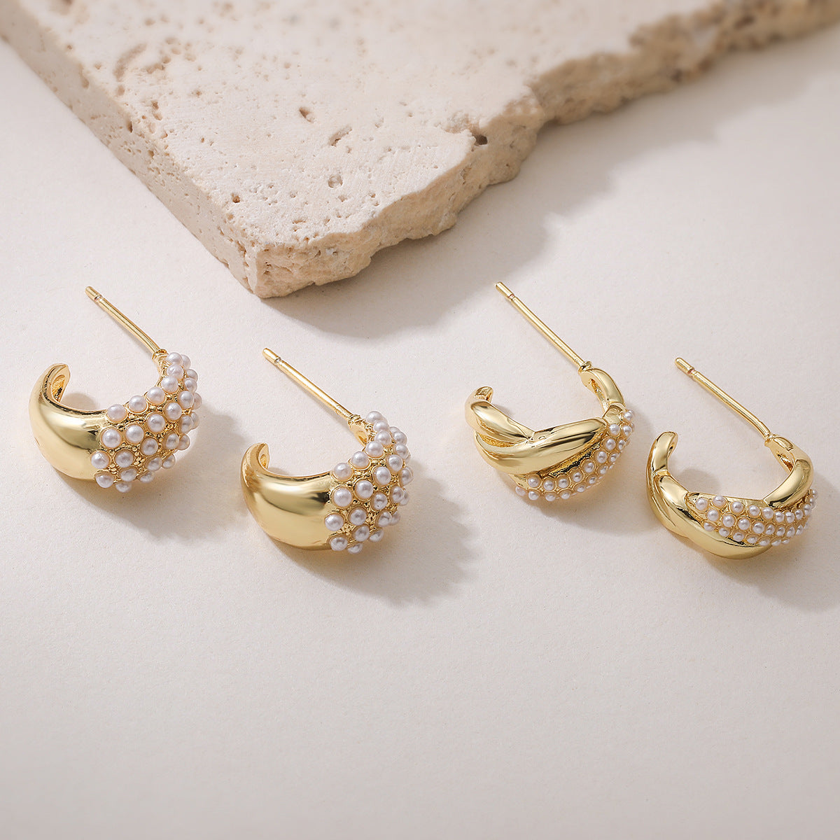 Minimalist Geometric Brass Gold Plated Pearl Stud Earrings with Abstract Design for Women