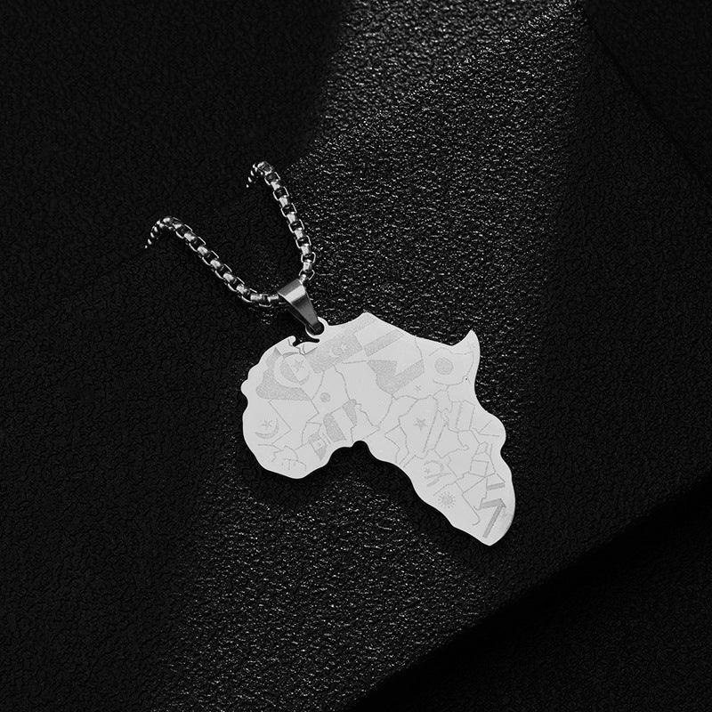 Collana con Ciondolo Mappa dell'Africa Placcato Oro in Acciaio al Titanio Stile Retro Hip-Hop con Ciondolo Elefante su Catena di Perle Quadrate per Unisex