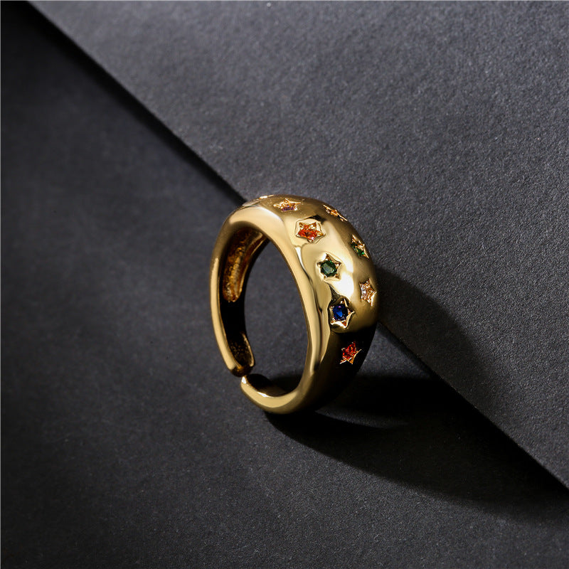 Anello a Stella Aperta Geometrico Minimalista da Donna in Ottone con Placcatura in Oro 18K e Intarsio di Zirconi Colorati