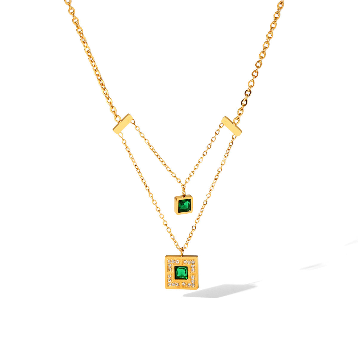 Ins Style Geometric Square Pendant Titanium Steel Necklace for Women with Rhinestone Inlay and Plated Finish