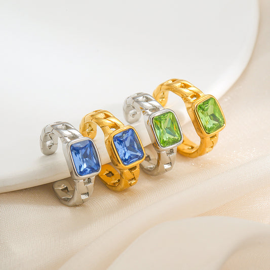 Adjustable Open Green Blue Sugar Cube Titanium Steel Ring for Women Geometric Shape Natural Style Minimalist Jewelry