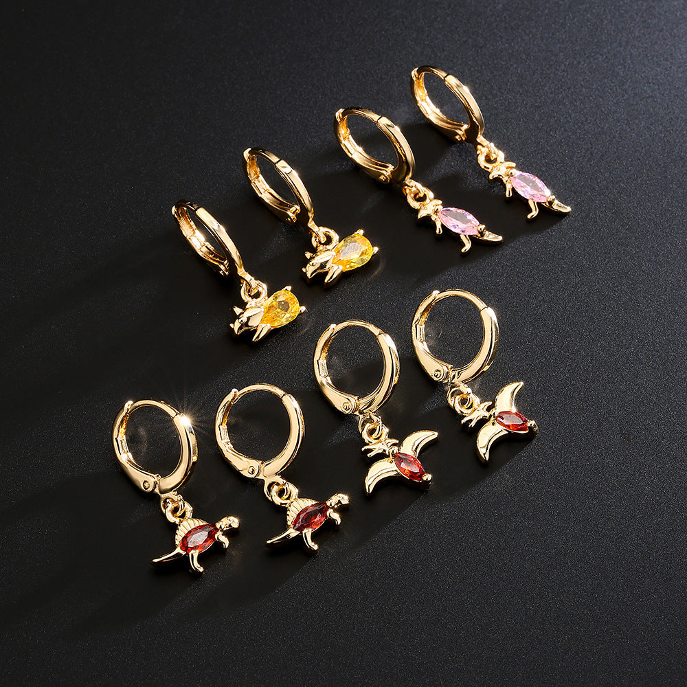 Cute Dinosaur-Shaped Earrings for Women with Copper Base and 18K Gold Plating, Micro-Paved Zirconia