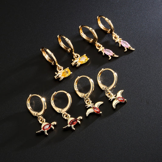 Orecchini a forma di dinosauro per donna, con base in rame e placcatura in oro 18 carati, zirconi micro-incastonati