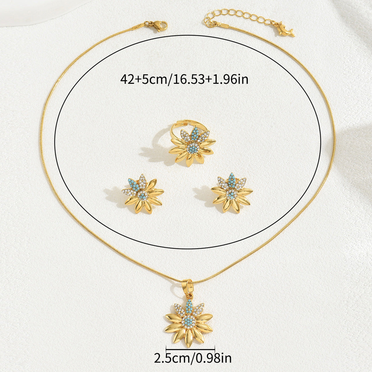 Conjunto de collar, anillo y pendientes de aleación rústico con girasol floral e incrustaciones de diamantes de imitación para mujer