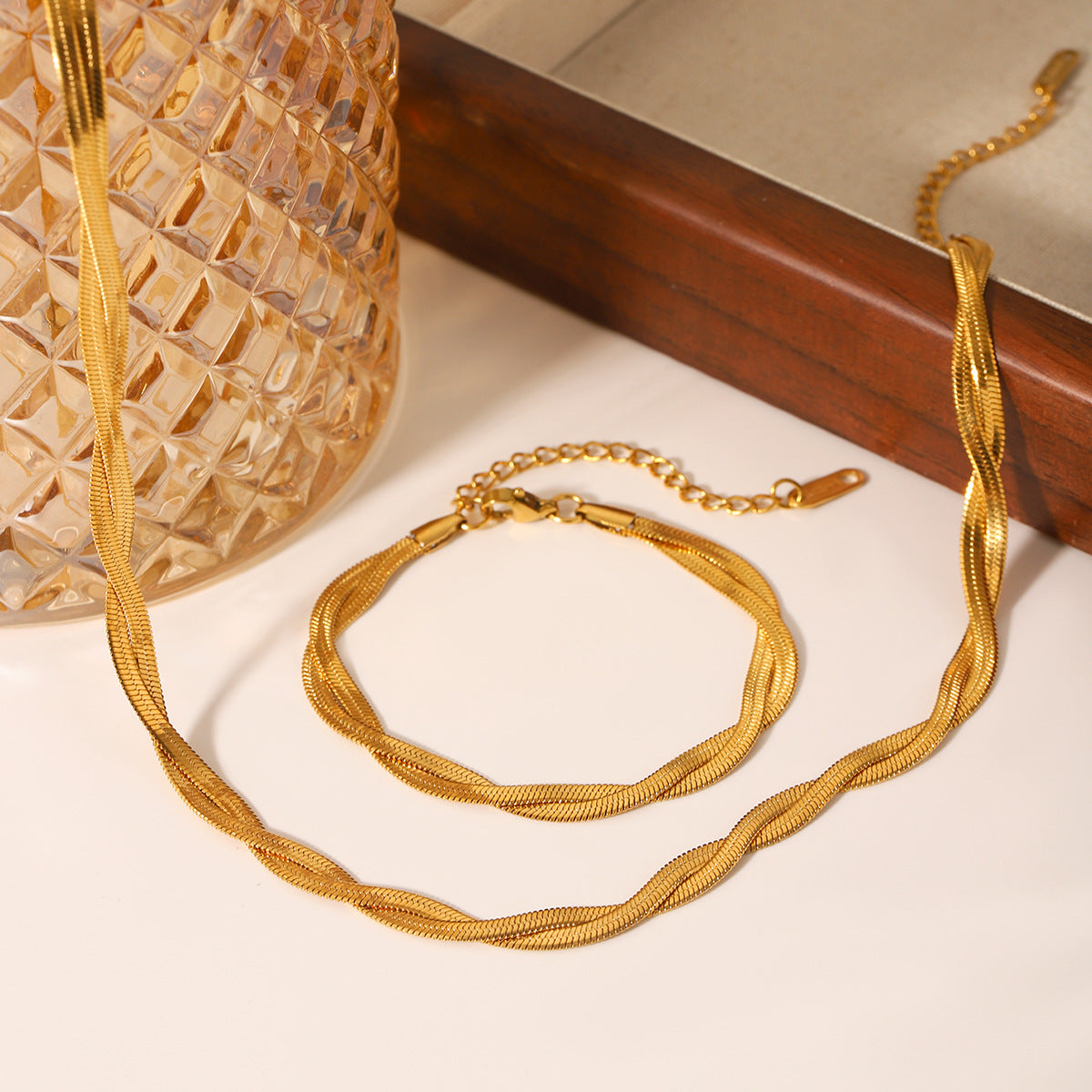 Trendy Geometric Double Layer Flat Snake Chain Necklace 18K Gold Plated Stainless Steel Blade Chain Jewelry for Women