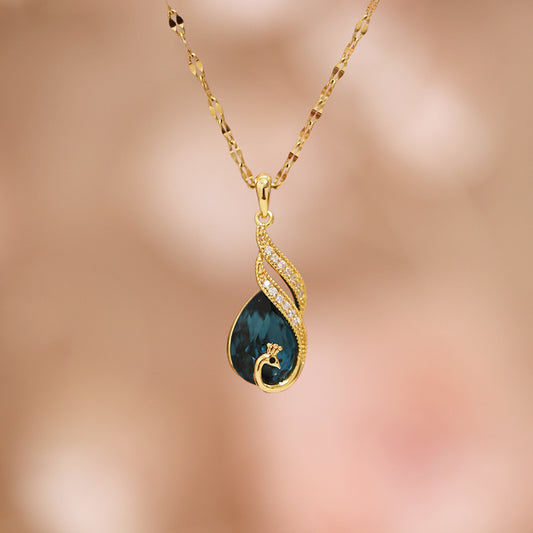 Fashion 18K Gold Plated Blue Peacock Floral Pendant Titanium Steel O-Chain Necklace Unisex