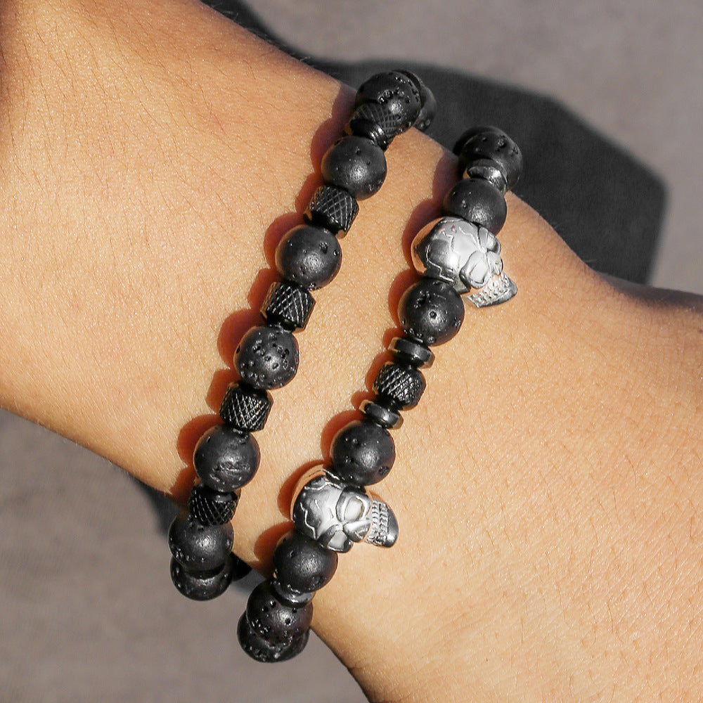 Hip-hop Geometric Round Stainless Steel Bracelet with Volcanic Stone Beads for Men and Women