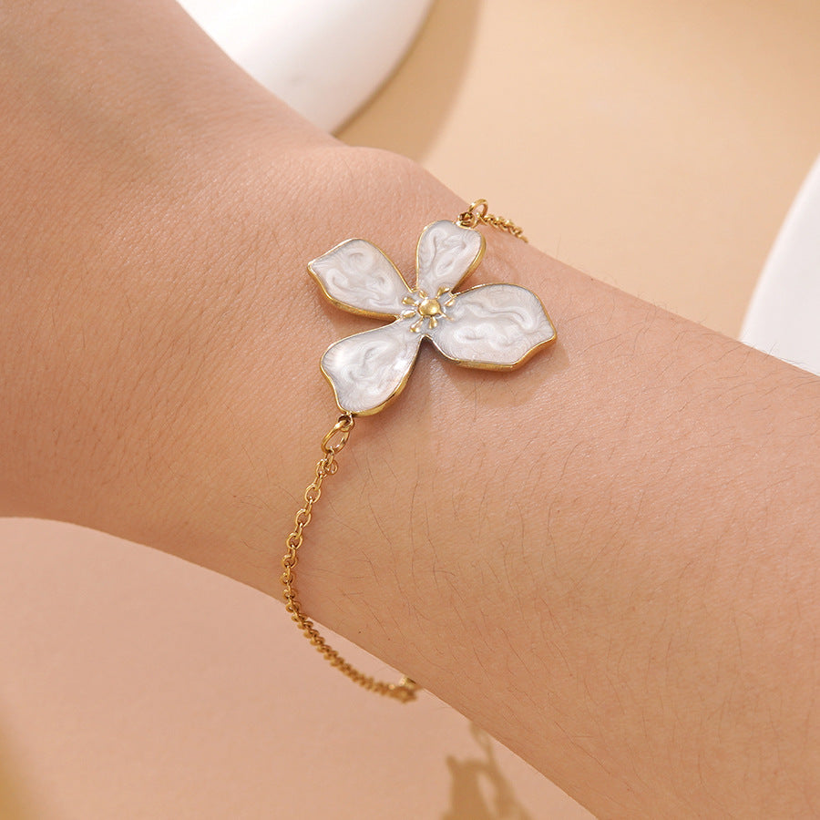 Sweet Drip Oil Floral Stainless Steel Necklace and Bracelet Set for Women