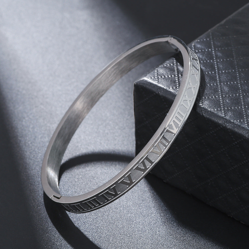 Classic Geometric Letter Number Stainless Steel Plated Cuff Bracelet