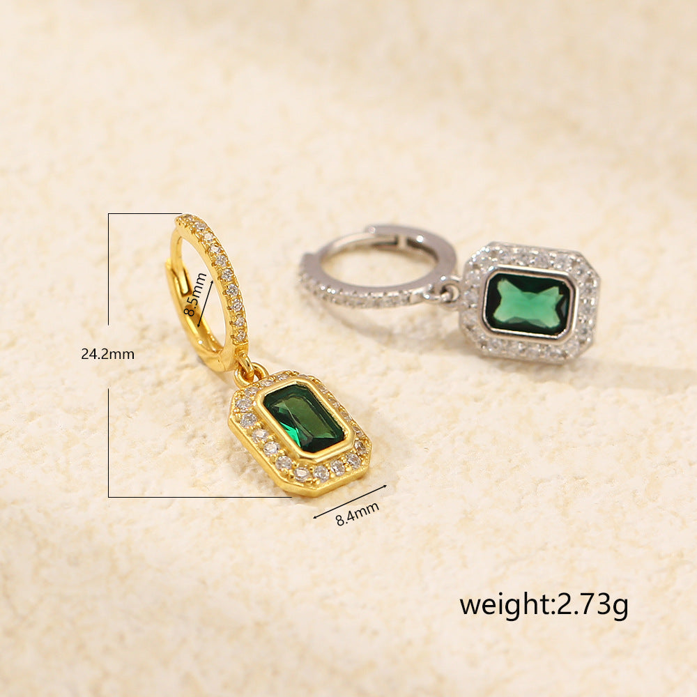 Minimalist Geometric S925 Sterling Silver Stud Earrings with Emerald Green Rhinestones for Women