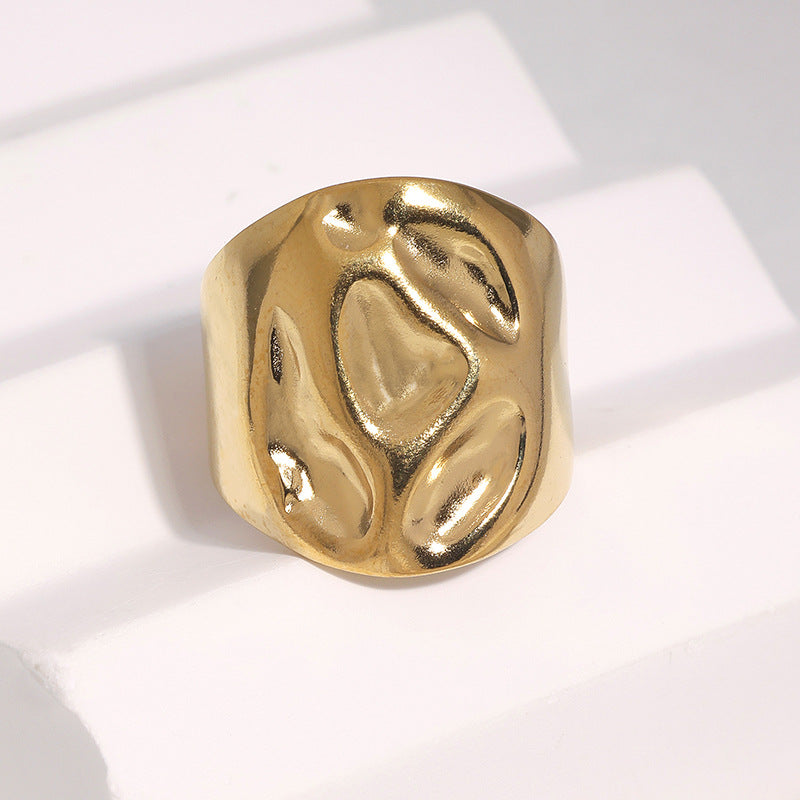 Punk Streetwear Gold Plated Hammered Textured Adjustable Wide Band Stainless Steel Ring for Women