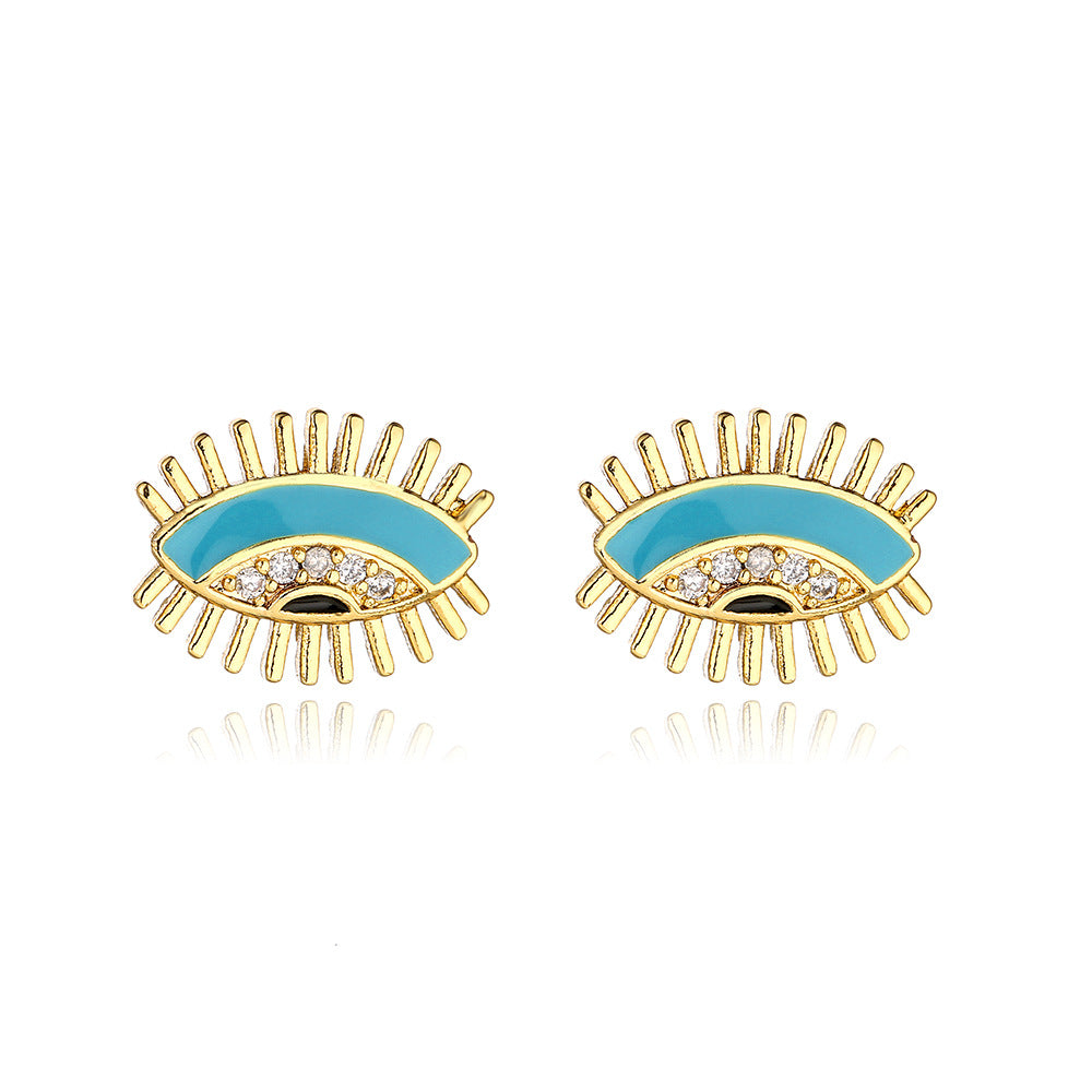 Minimalist Geometric Evil Eye Stud Earrings in Copper with Real Gold Plating and Zircon Inlay