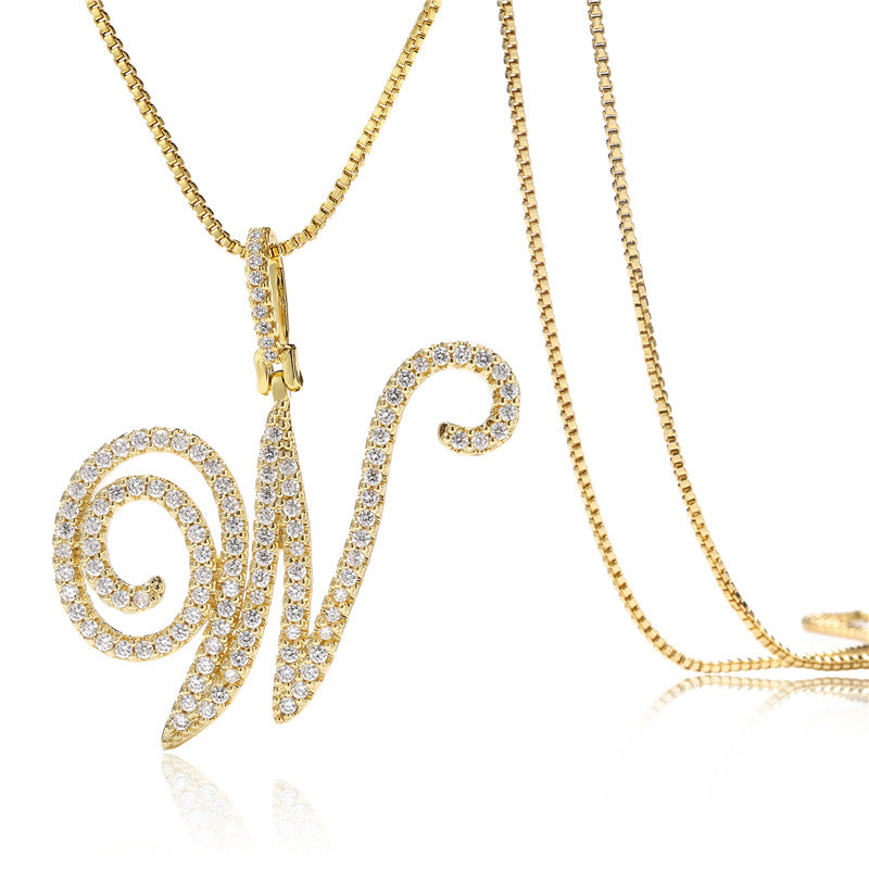 Minimalist Geometric Letter Pendant Necklace in Brass with Micro-Pavé Setting on Box Chain
