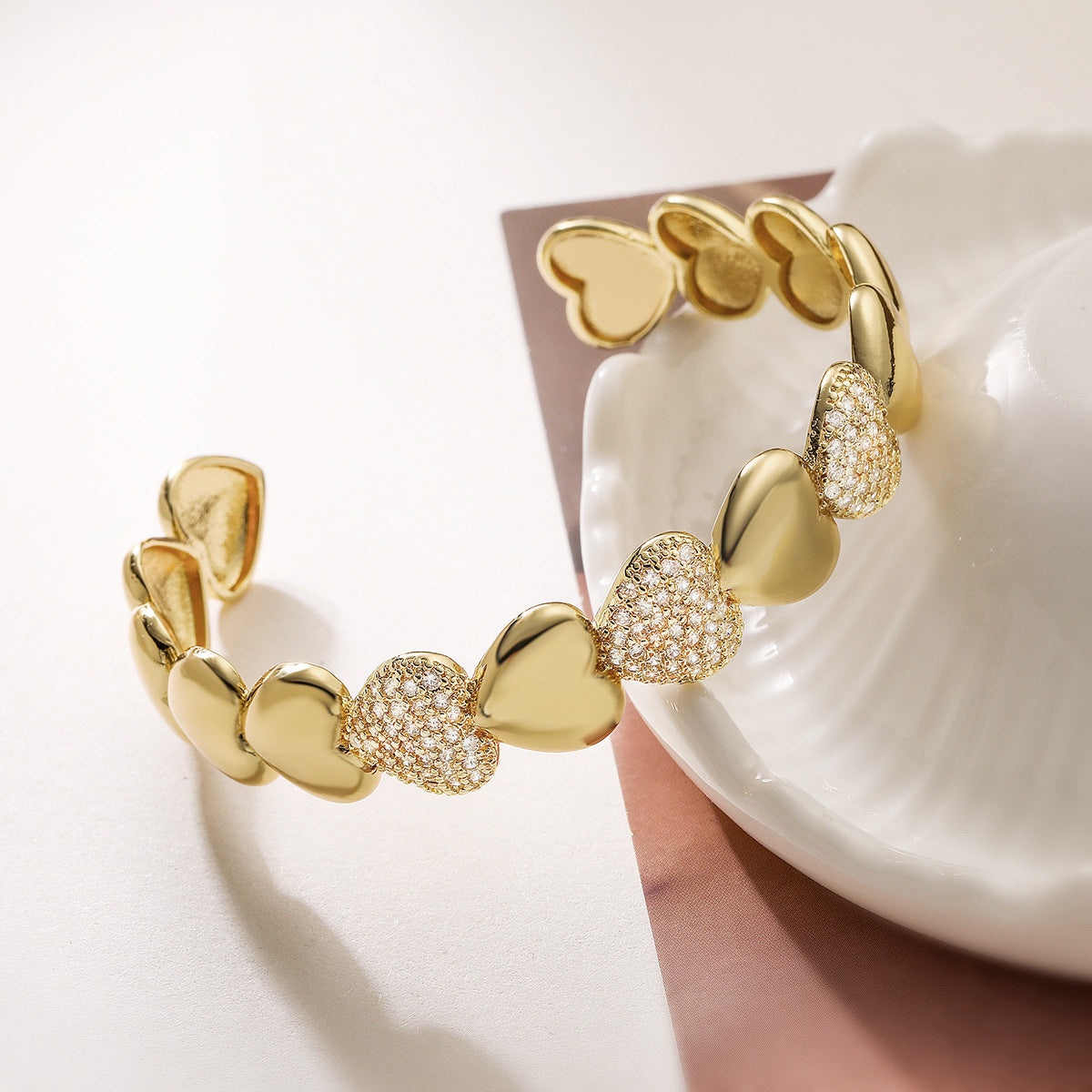 Minimalist Luxury 18K Gold Plated Brass Heart Cuff with Cubic Zirconia for Women