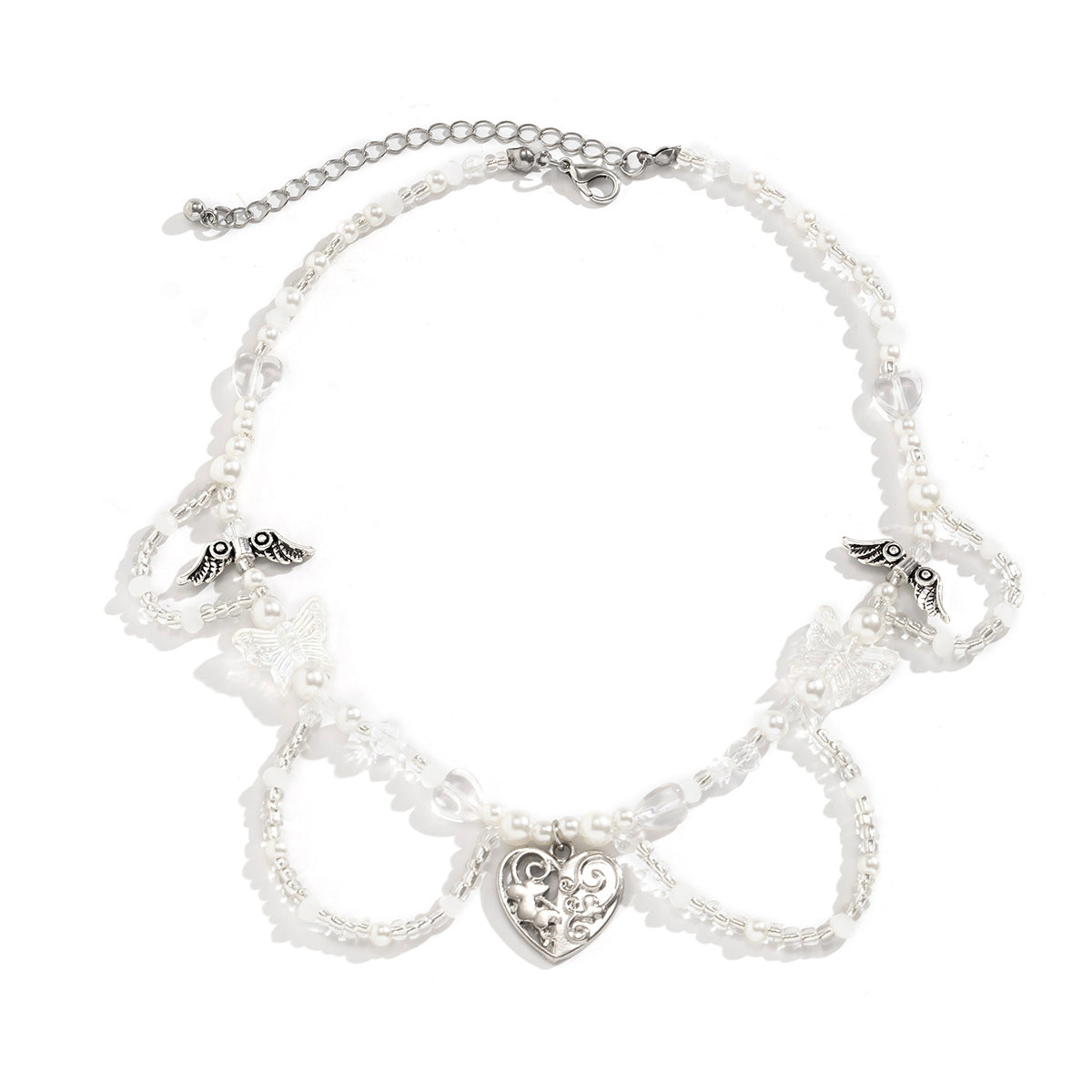 Collana con pendente a forma di cuore di farfalla minimalista con catena in lega, dettagli in strass e perline, nappe pendenti effetto perla, finitura galvanizzata
