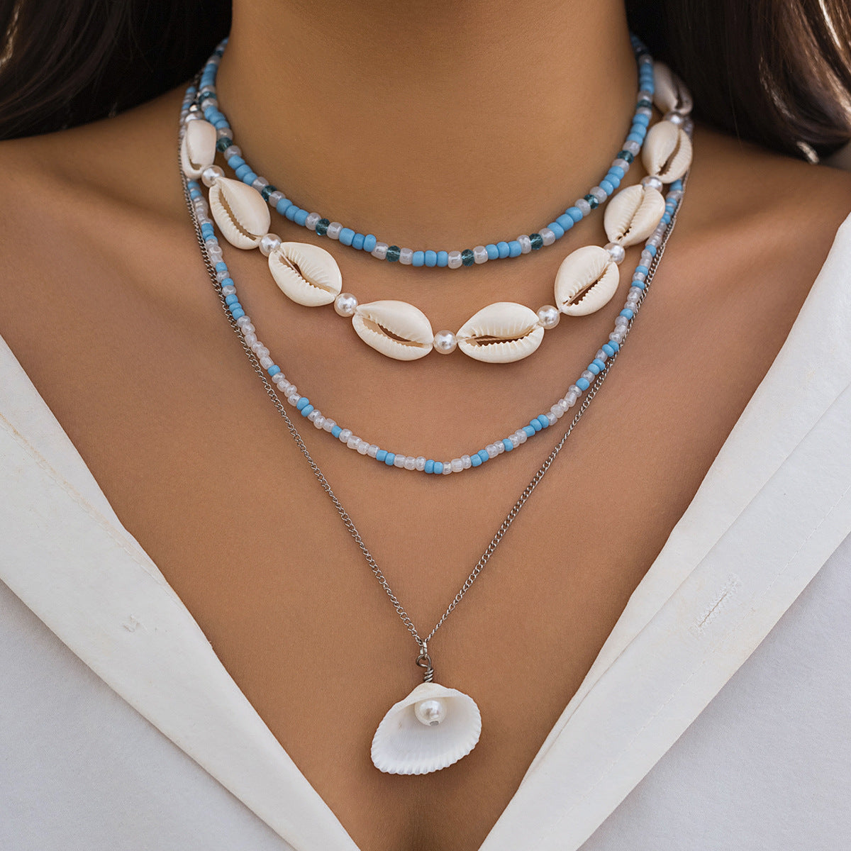 Sweet Bohemian U-Shape Starfish Alloy Plated Pendant Necklace with Tassel and Shell Elements for Women